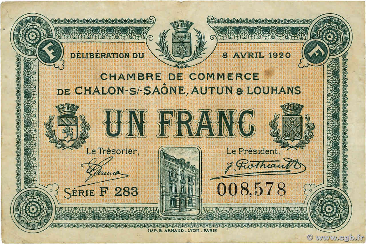1 Franc FRANCE régionalisme et divers Châlon-Sur-Saône, Autun et Louhans 1920 JP.042.26 TB