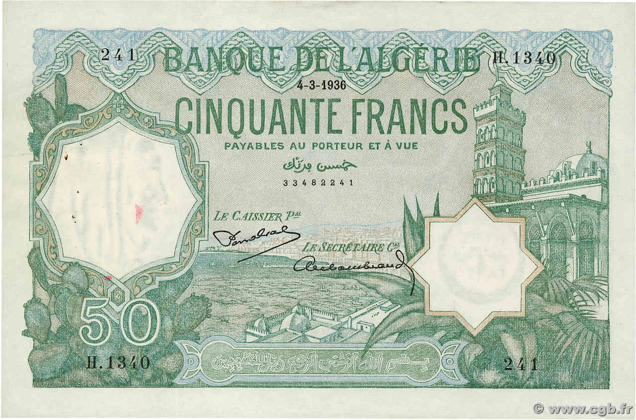 50 Francs ALGERIA  1936 P.080a XF-