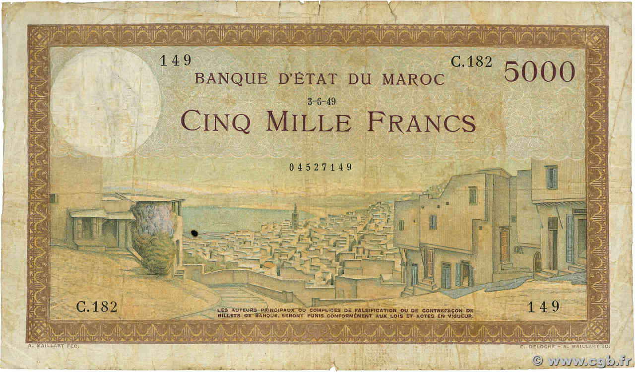 5000 Francs MAROC  1949 P.23c B+