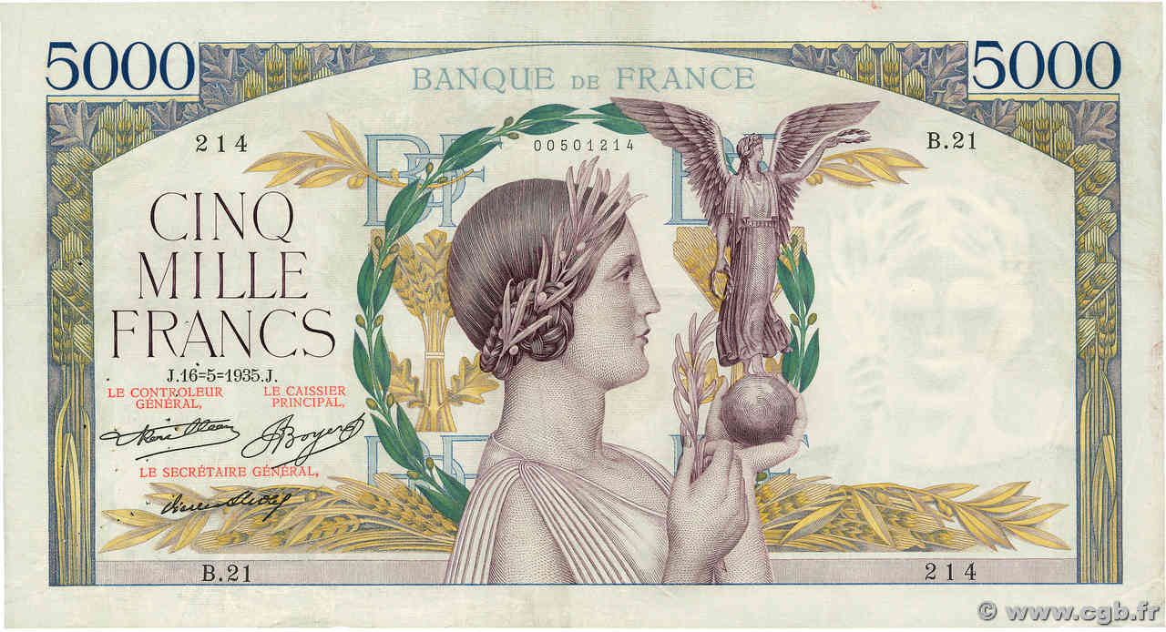 5000 Francs VICTOIRE FRANCE  1935 F.44.02 VF-