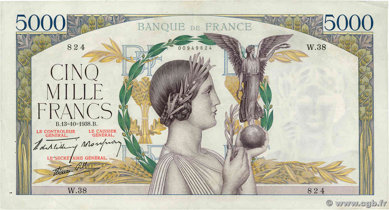 5000 Francs VICTOIRE modifié, taille douce FRANKREICH  1938 F.45.01 SS