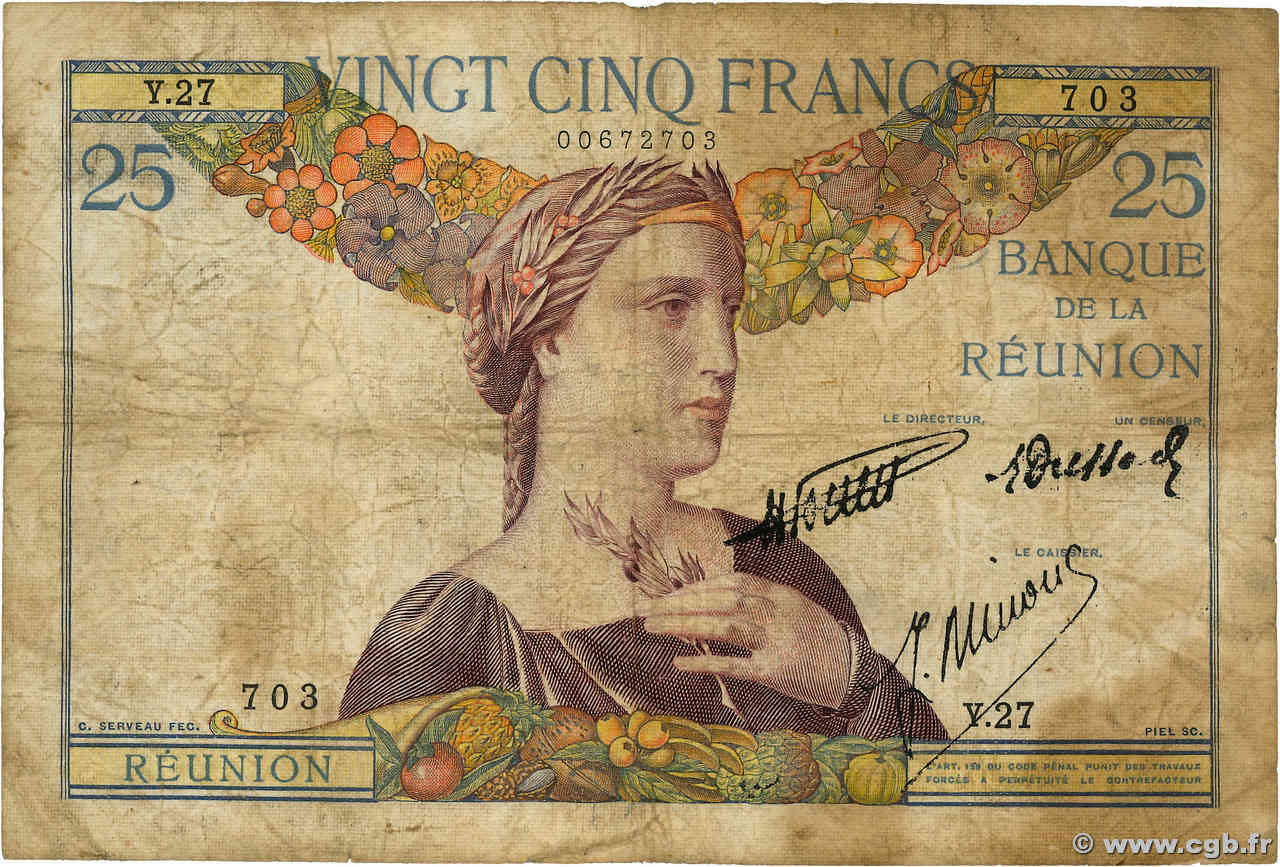 25 Francs ISOLA RIUNIONE  1944 P.23 B