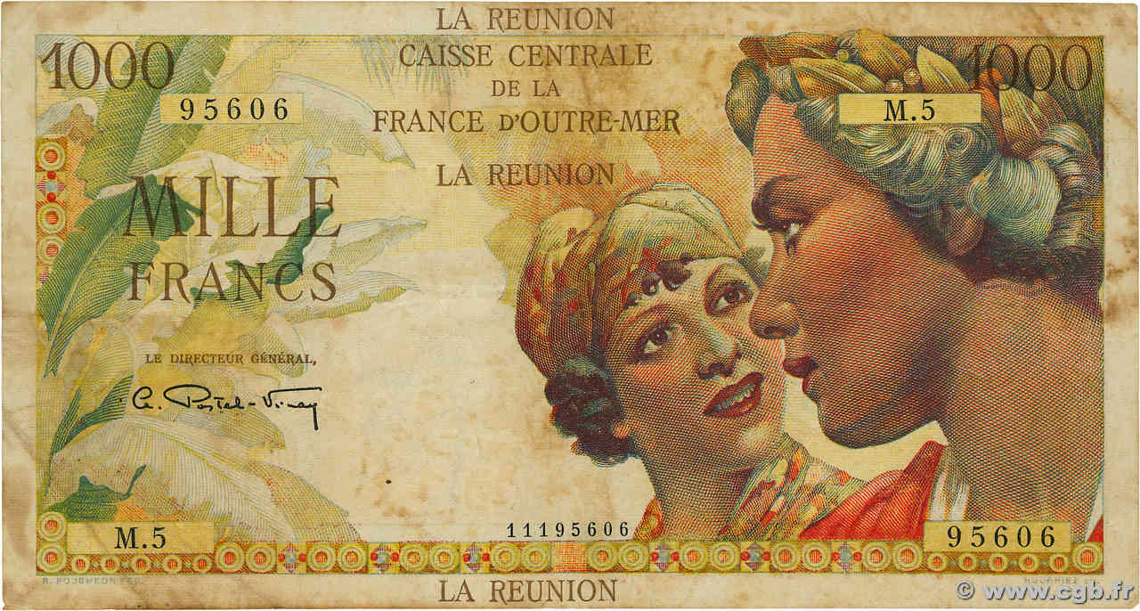 1000 Francs Union Française REUNION ISLAND  1946 P.47a F+