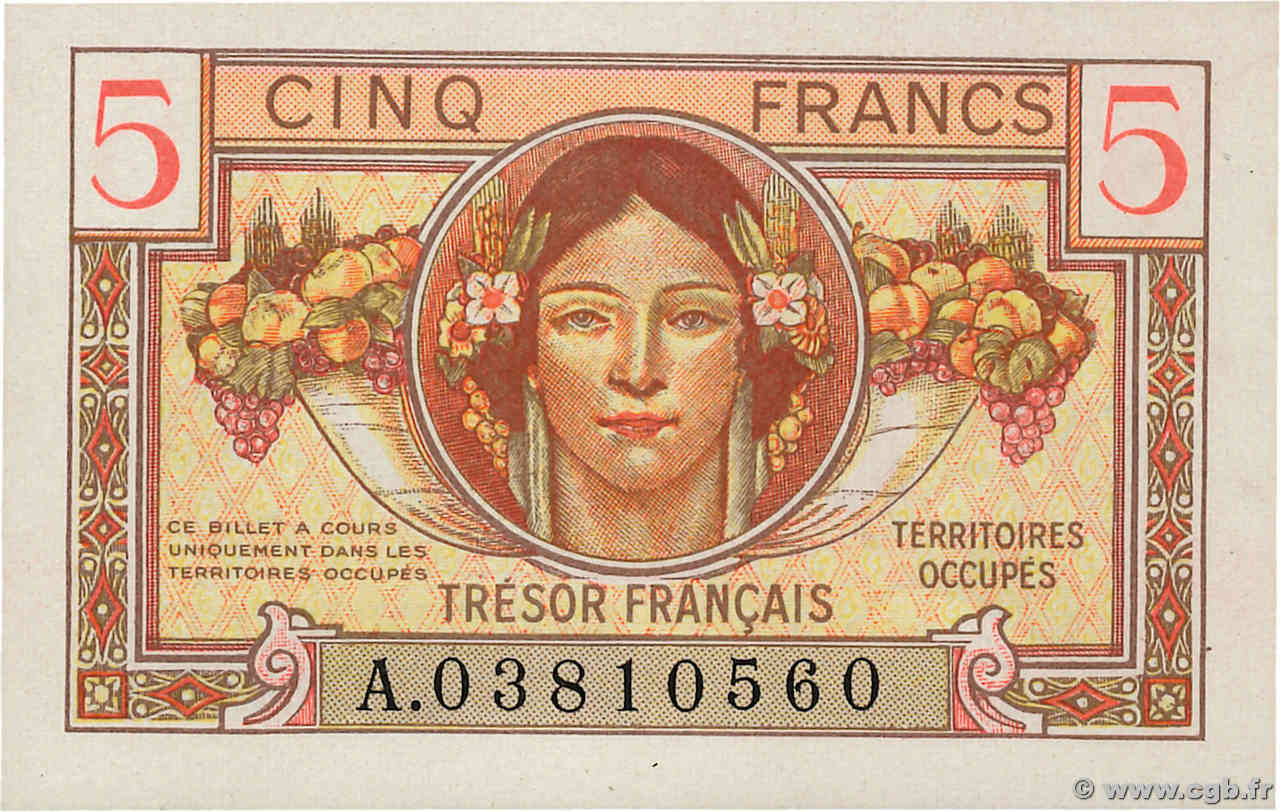 5 Francs TRÉSOR FRANÇAIS FRANKREICH  1947 VF.29.01 fST+