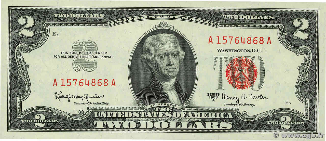 2 Dollars UNITED STATES OF AMERICA  1963 P.382b UNC