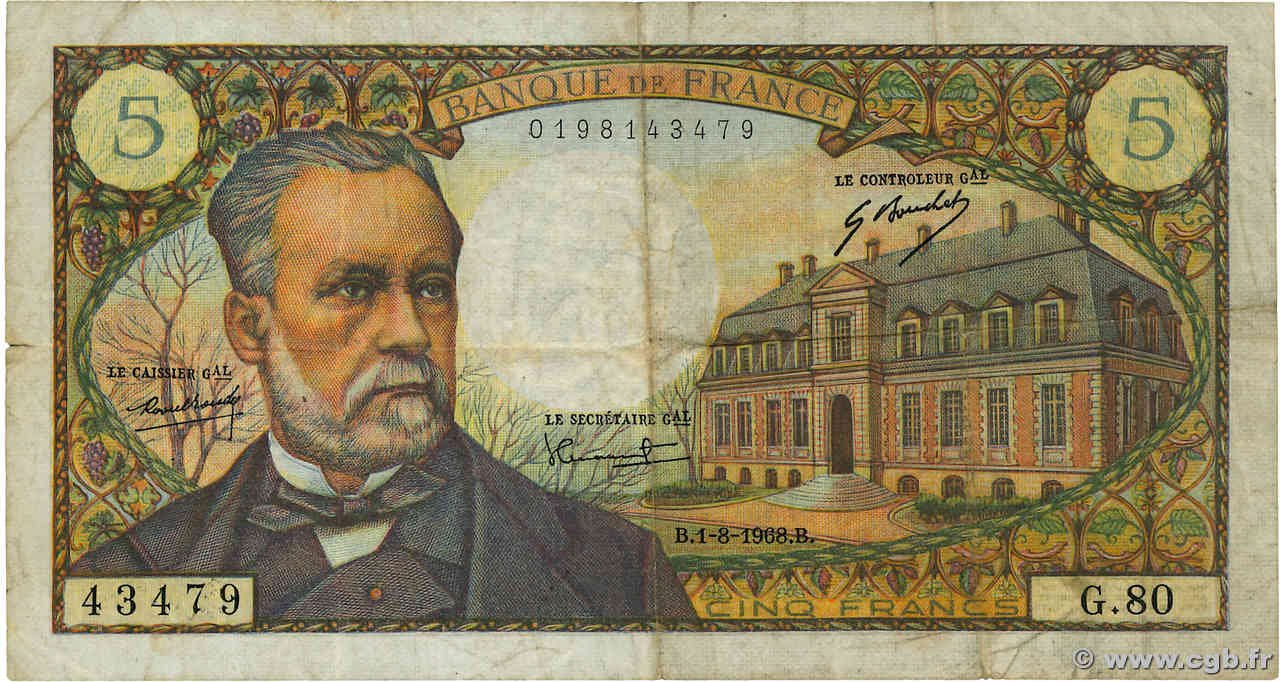 5 Francs PASTEUR FRANCE  1968 F.61.08 TB