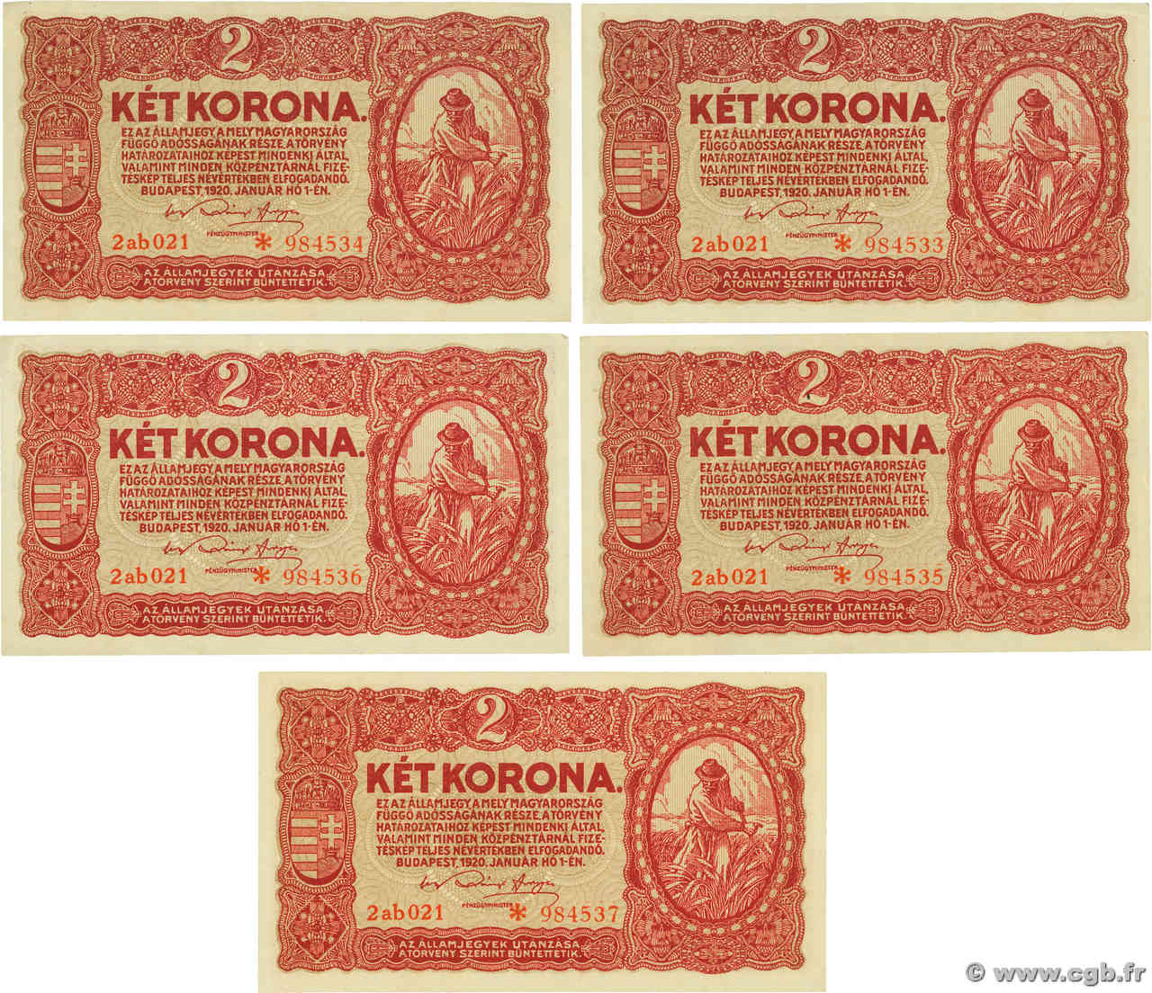 2 Korona Consécutifs HONGRIE  1920 P.058 SPL+