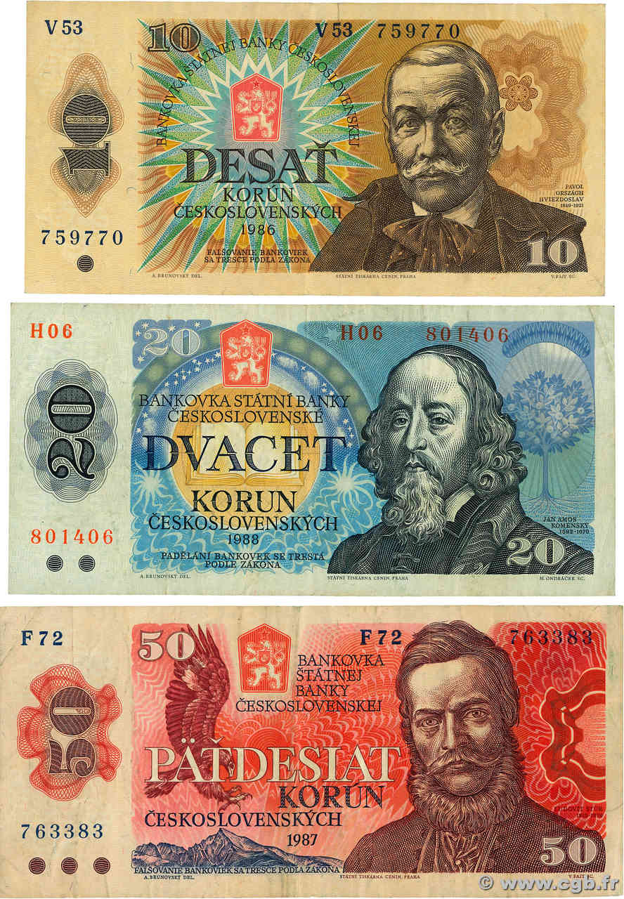 10 à 50 Korun Lot TCHÉCOSLOVAQUIE  1986 P.094a, P.095a et P.096a TB+