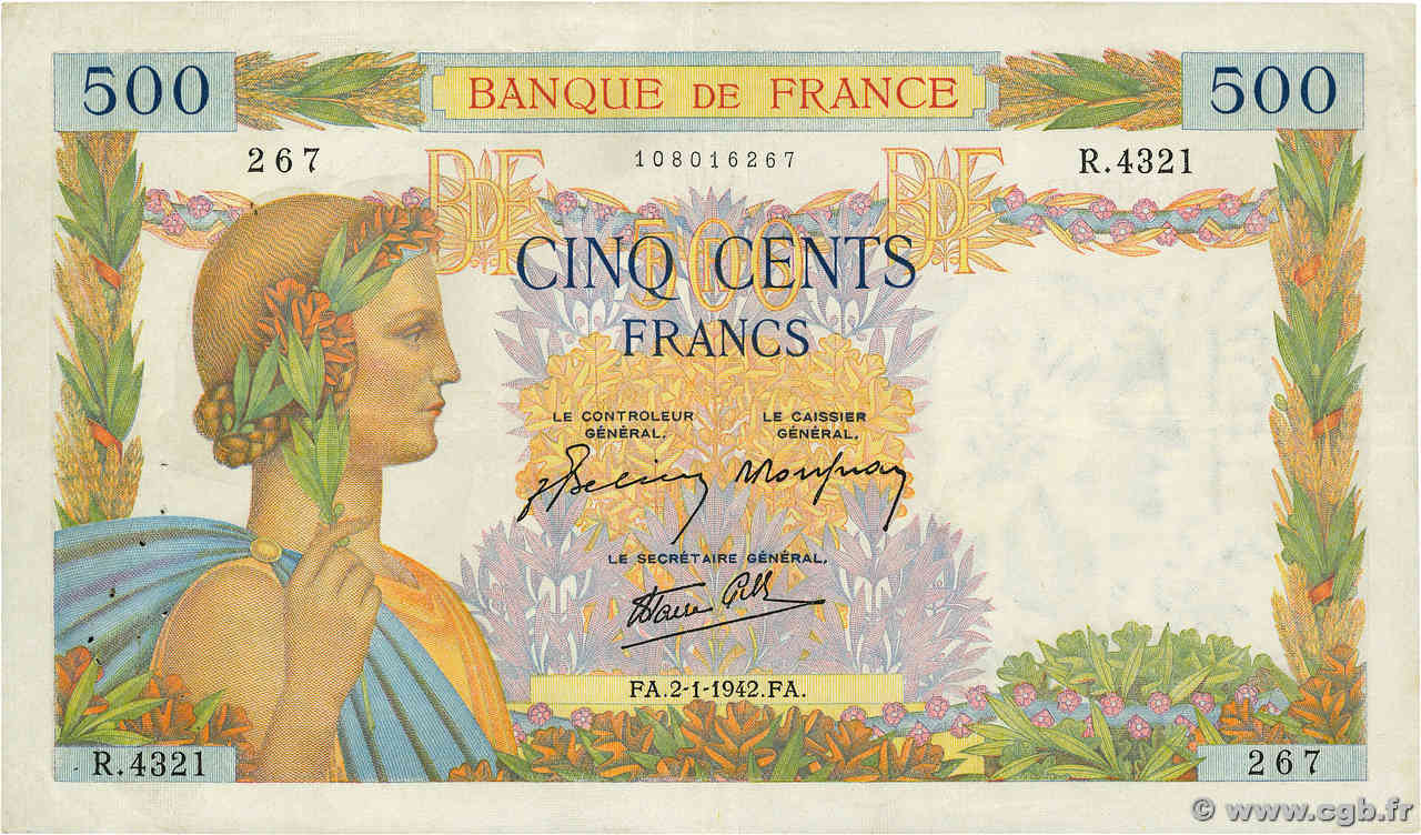 500 Francs LA PAIX FRANCE  1942 F.32.26 TTB