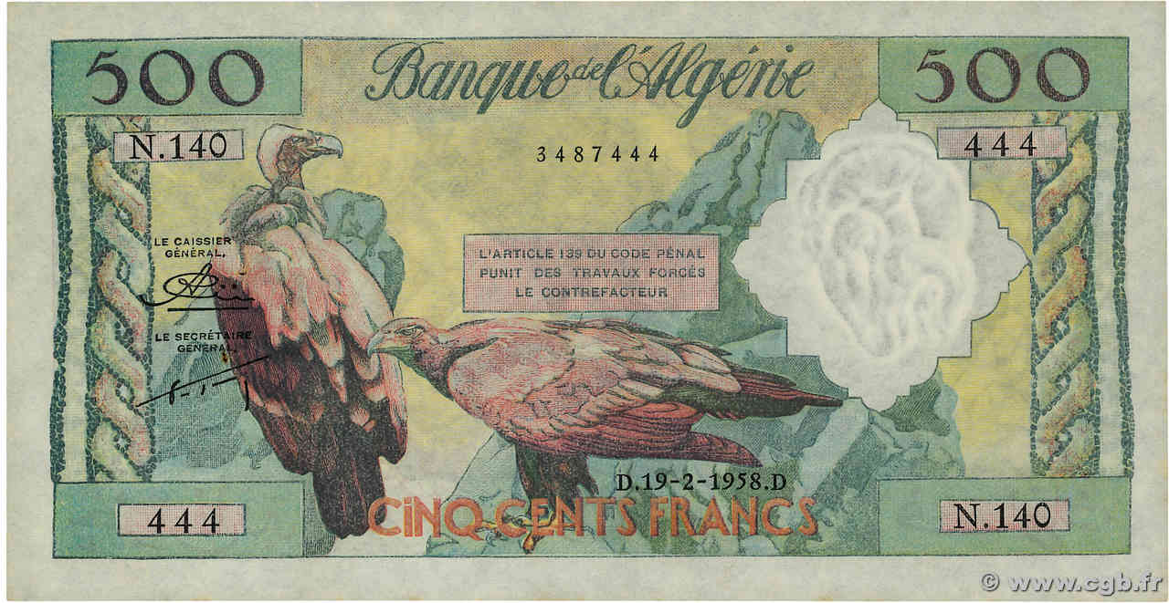 500 Francs Numéro spécial ALGÉRIE  1958 P.117 SUP+