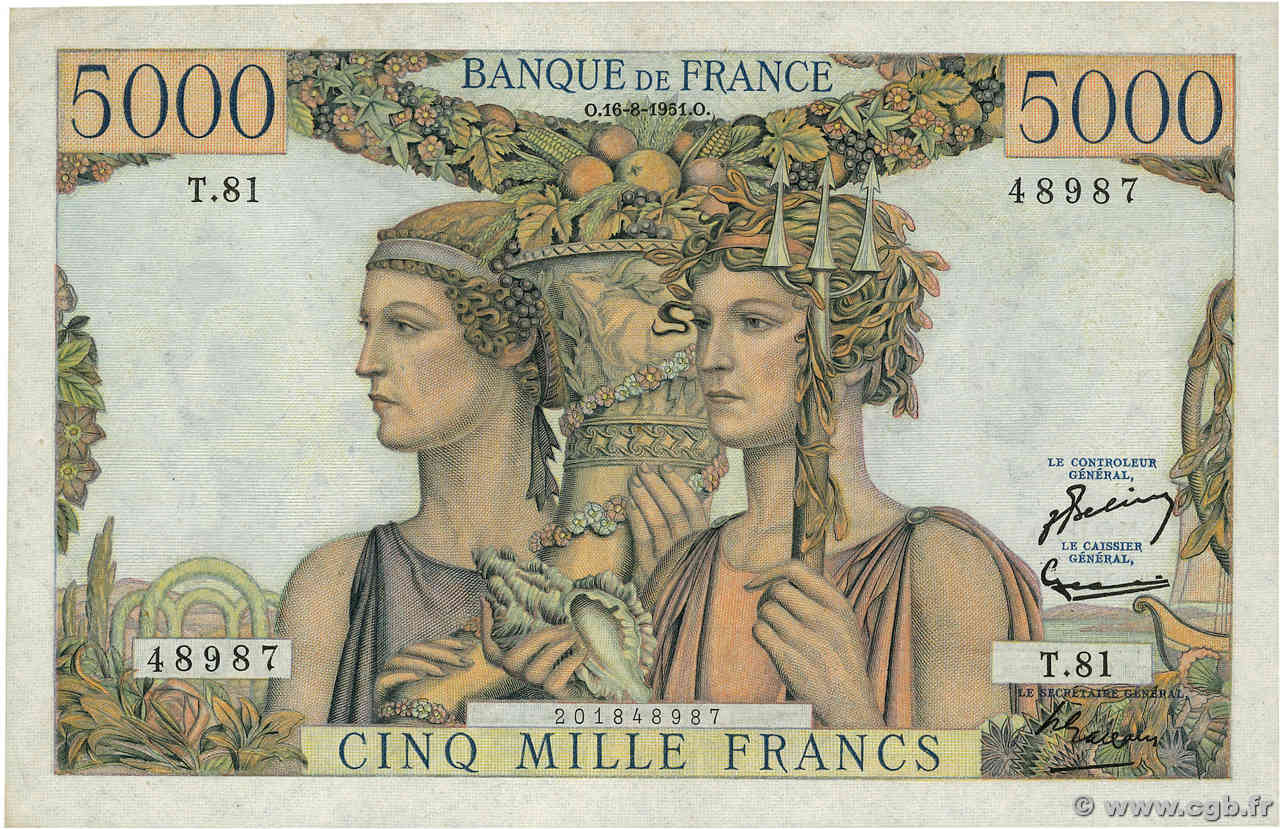 5000 Francs TERRE ET MER FRANCIA  1951 F.48.05 MBC