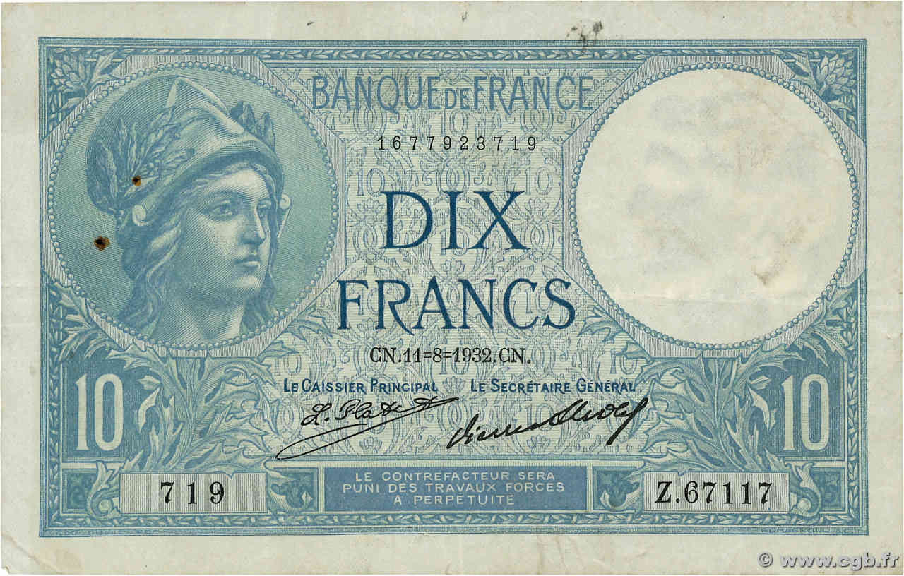 10 Francs MINERVE FRANCE  1932 F.06.16 TB+