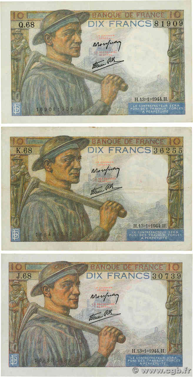 10 Francs MINEUR Lot FRANCE  1944 F.08.10 pr.TTB