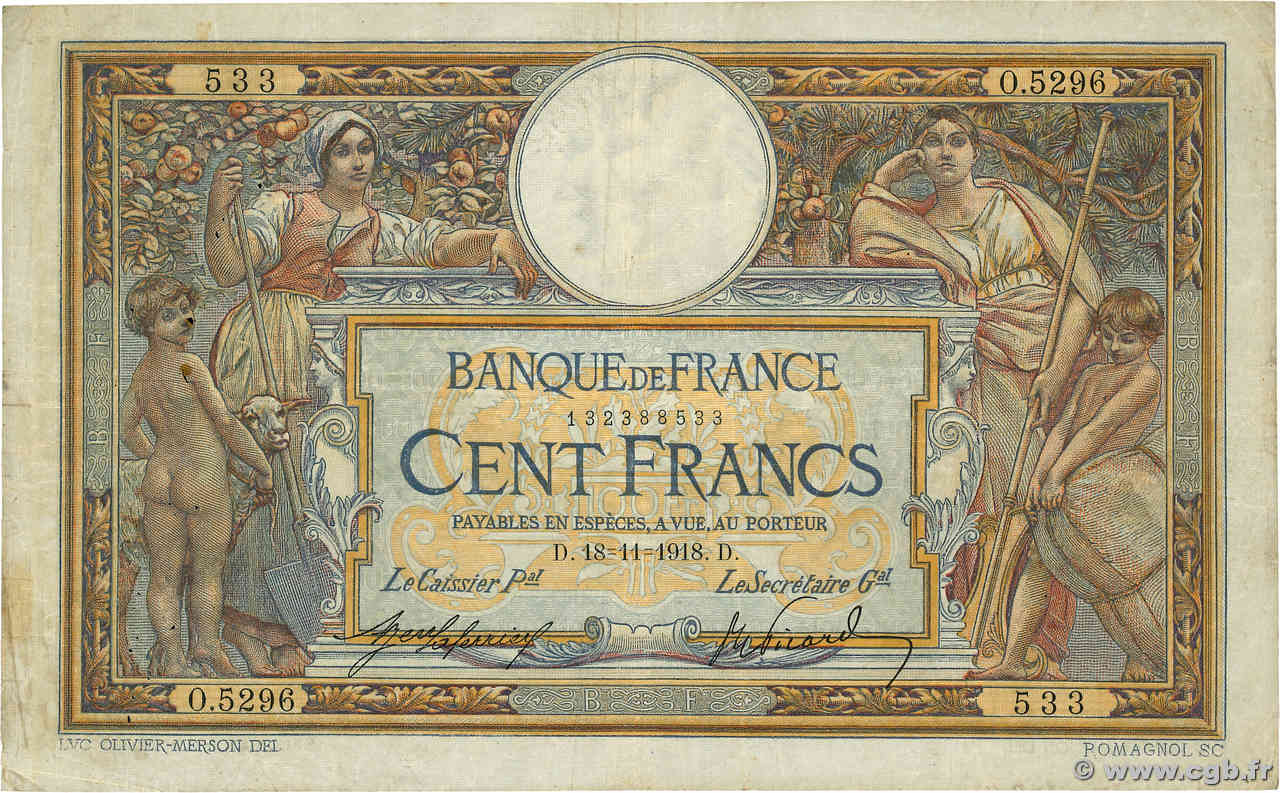 100 Francs LUC OLIVIER MERSON sans LOM FRANCE  1918 F.23.10 B+