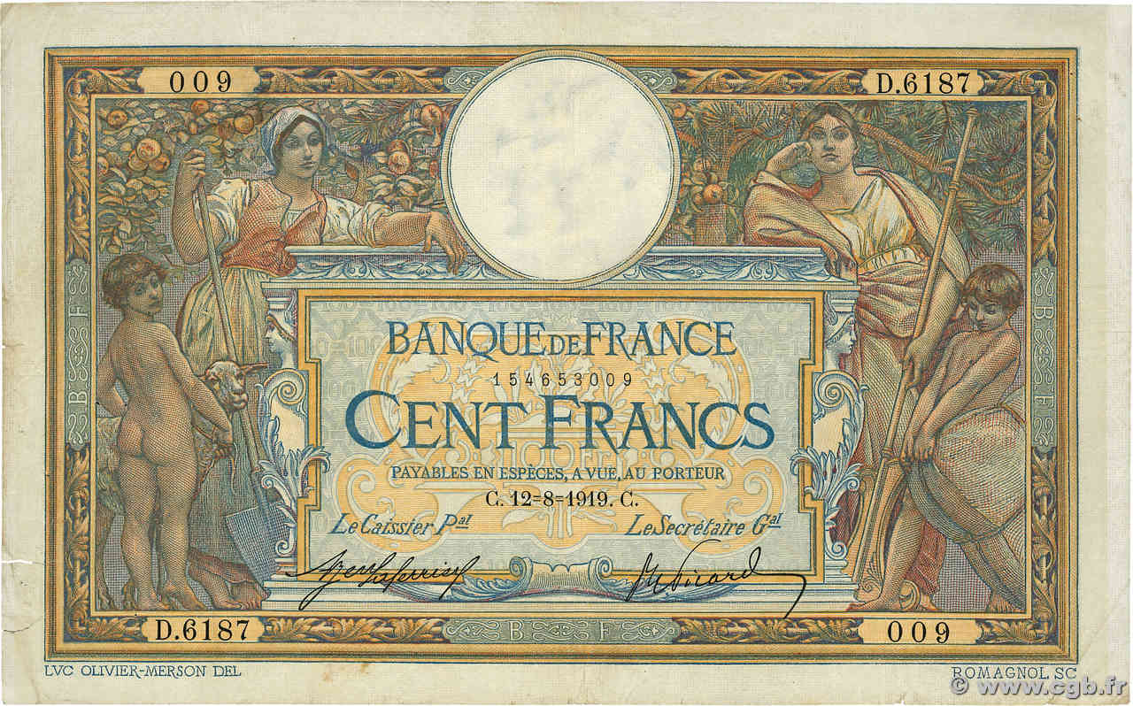 100 Francs LUC OLIVIER MERSON sans LOM FRANCE  1919 F.23.11 TB