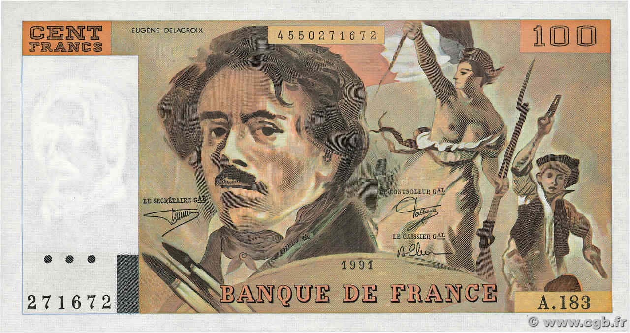 100 Francs DELACROIX imprimé en continu FRANCE  1991 F.69BIS.03b2 SPL