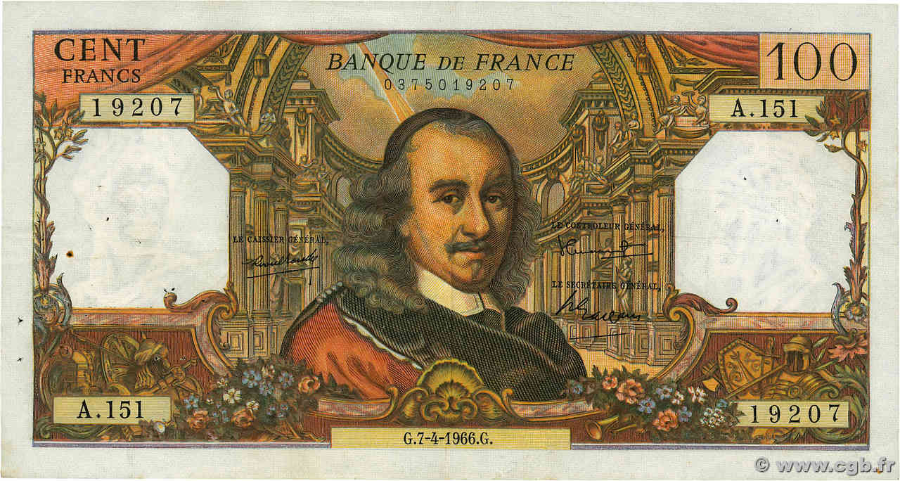 100 Francs CORNEILLE FRANCE  1966 F.65.12 TB+