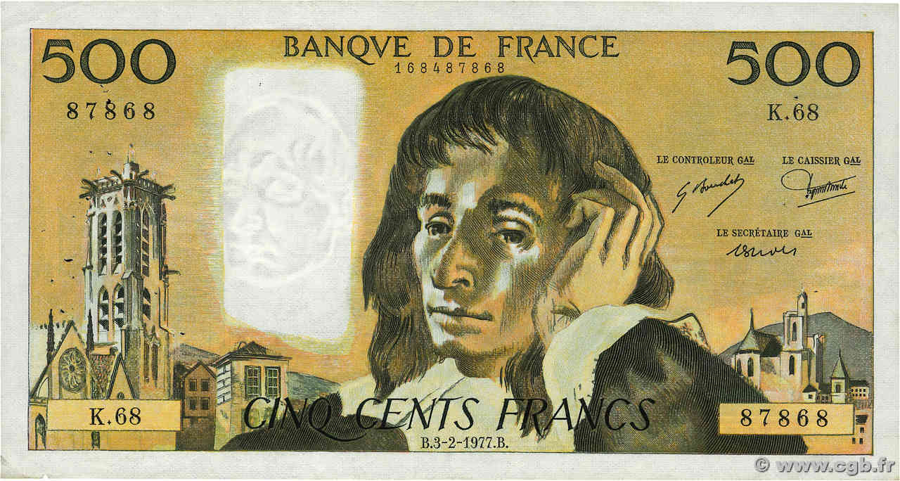 500 Francs PASCAL FRANCE  1977 F.71.16 TB