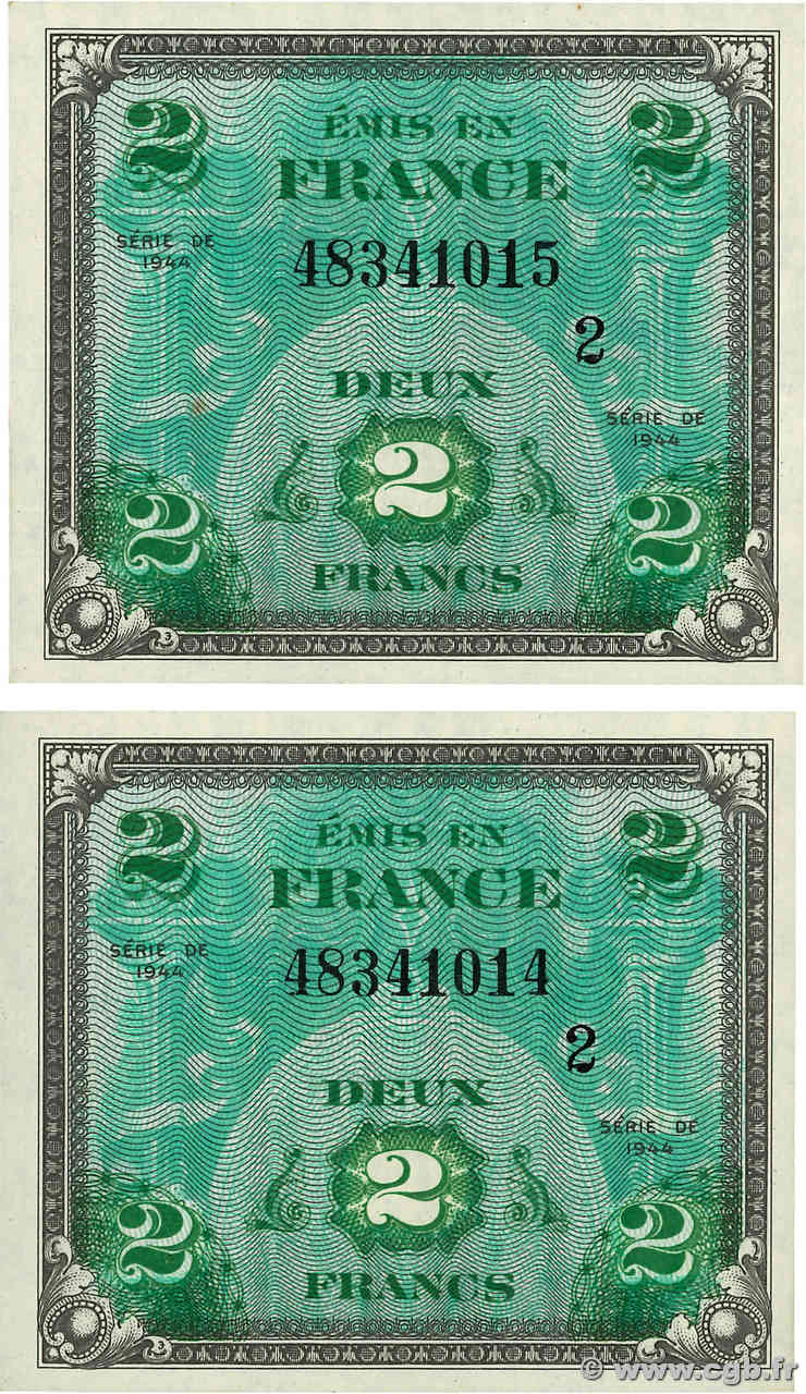 2 Francs DRAPEAU Consécutifs FRANKREICH  1944 VF.16.02 ST