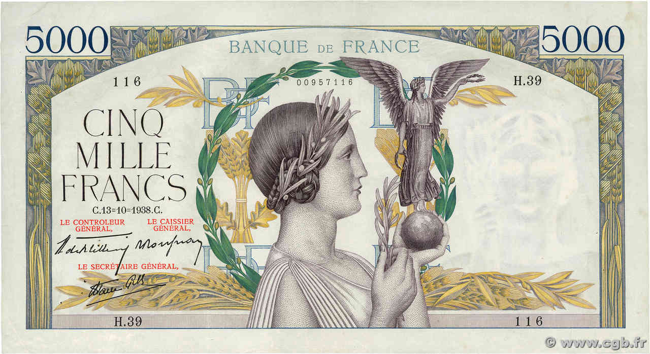 5000 Francs VICTOIRE modifié, taille douce FRANCIA  1938 F.45.01 BB