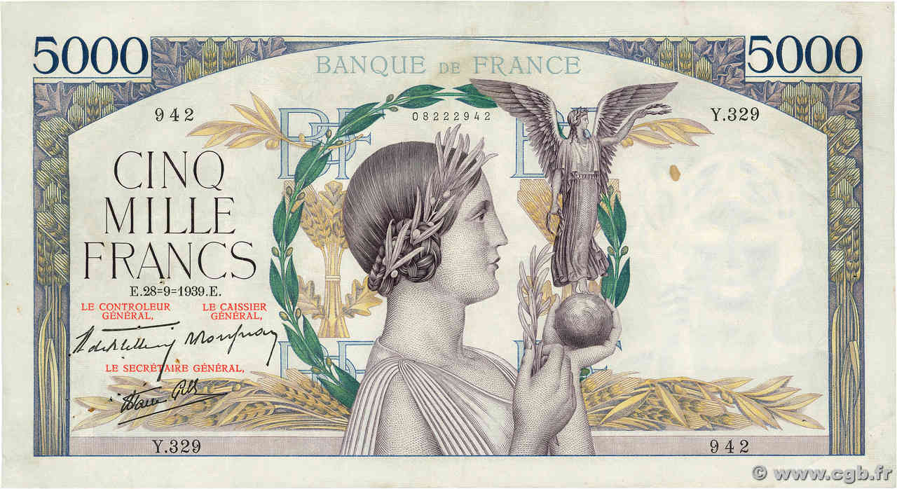 5000 Francs VICTOIRE Impression à plat FRANCE  1939 F.46.12 pr.TTB