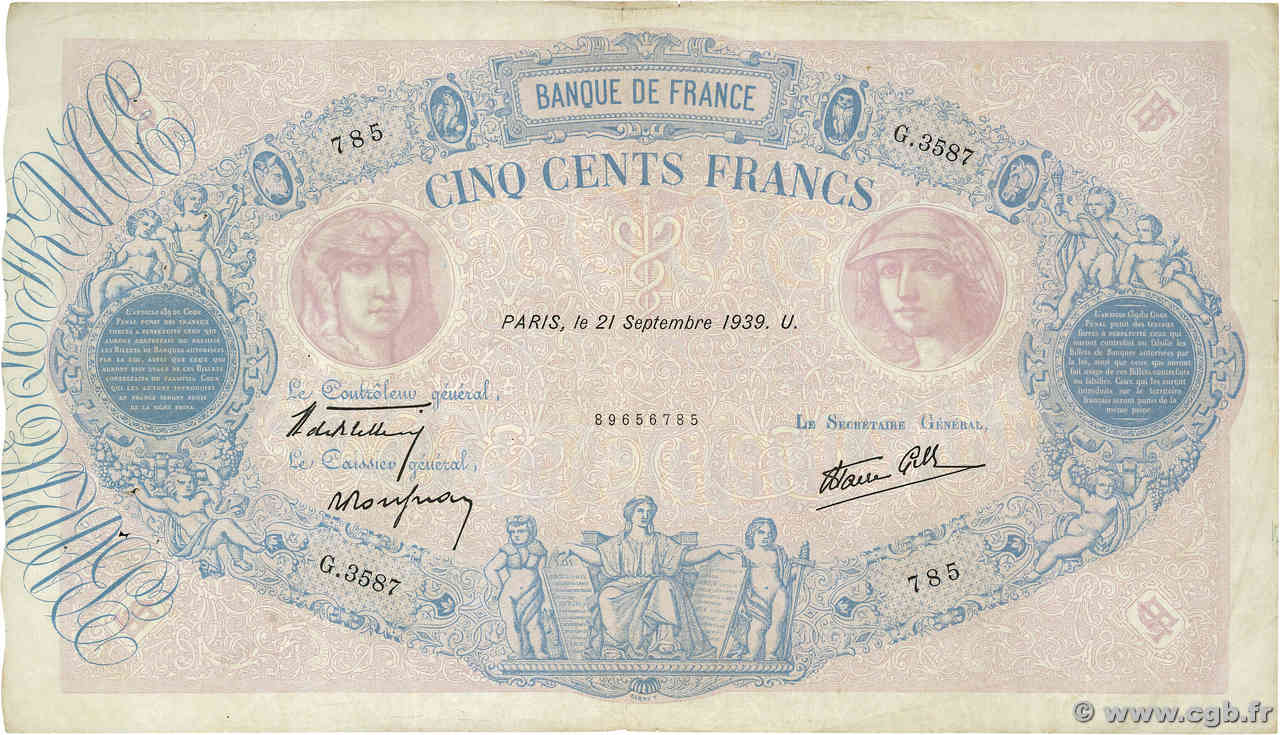 500 Francs BLEU ET ROSE modifié FRANCE  1939 F.31.40 TB