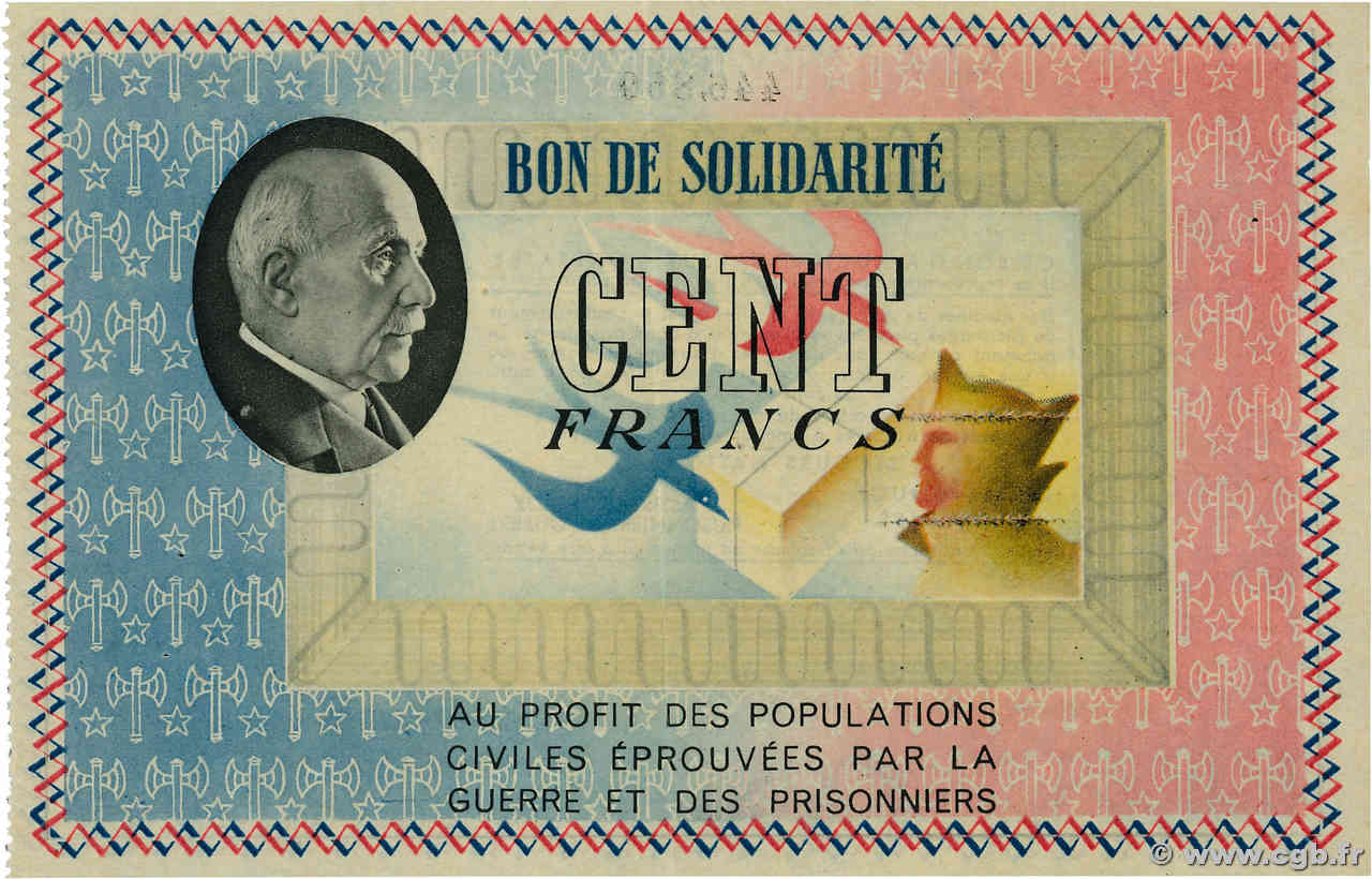 100 Francs BON DE SOLIDARITÉ FRANCE régionalisme et divers  1941 KL.10C1 SUP