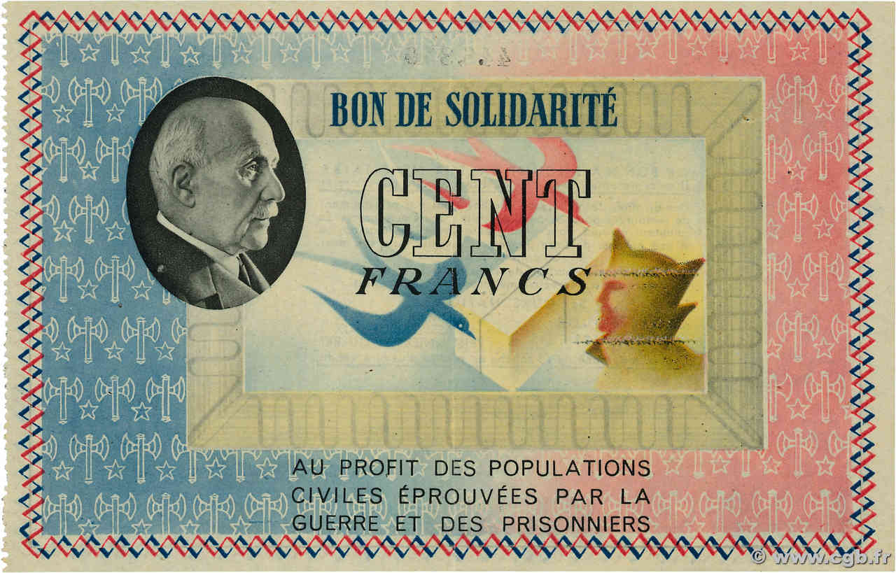 100 Francs BON DE SOLIDARITÉ FRANCE regionalism and miscellaneous  1941 KL.10C1 XF