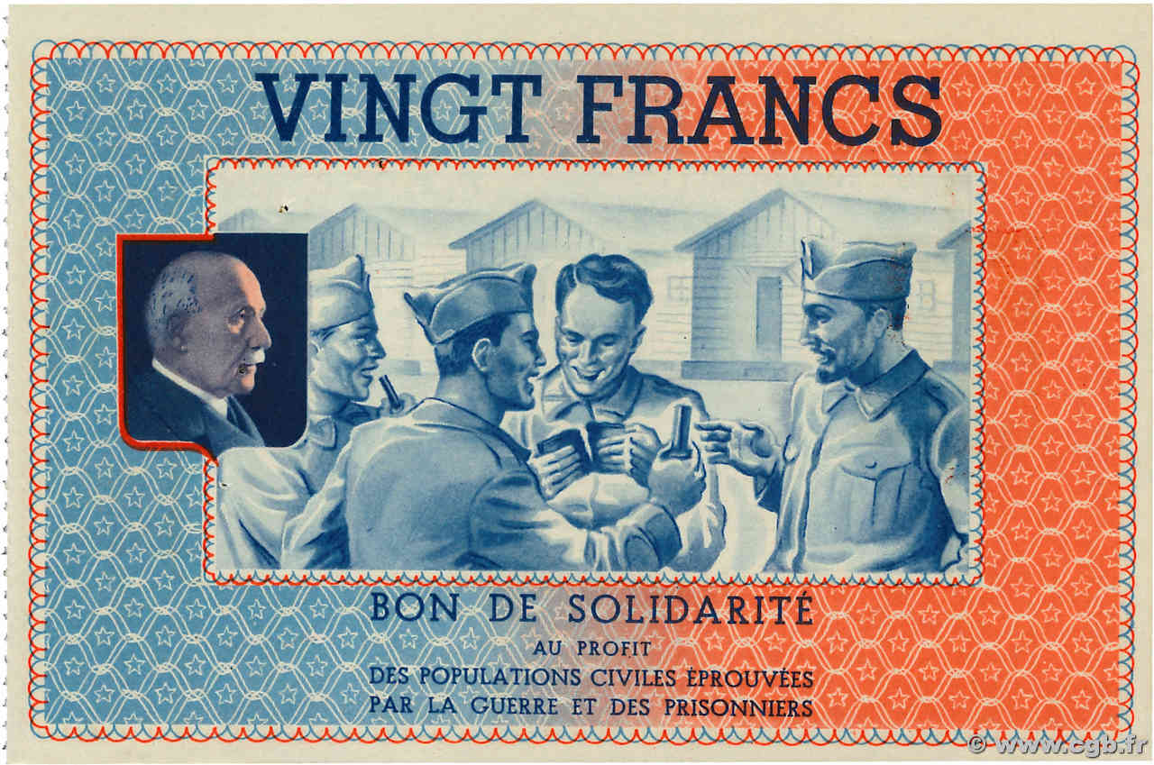 20 Francs BON DE SOLIDARITÉ FRANCE régionalisme et divers  1941 KL.08C3 SUP