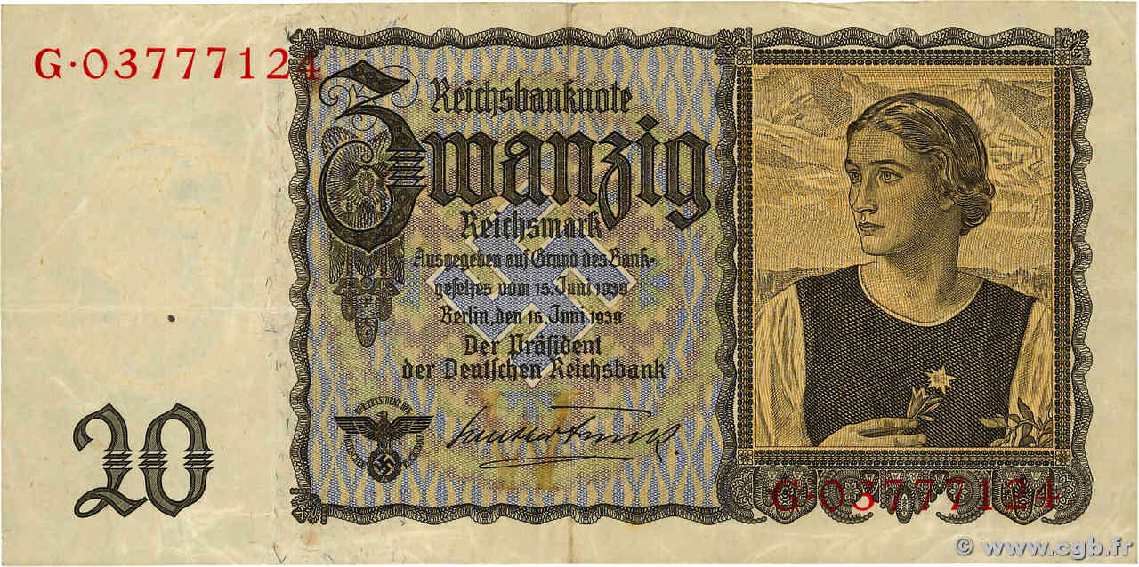 20 Reichsmark GERMANY  1939 P.185 VF