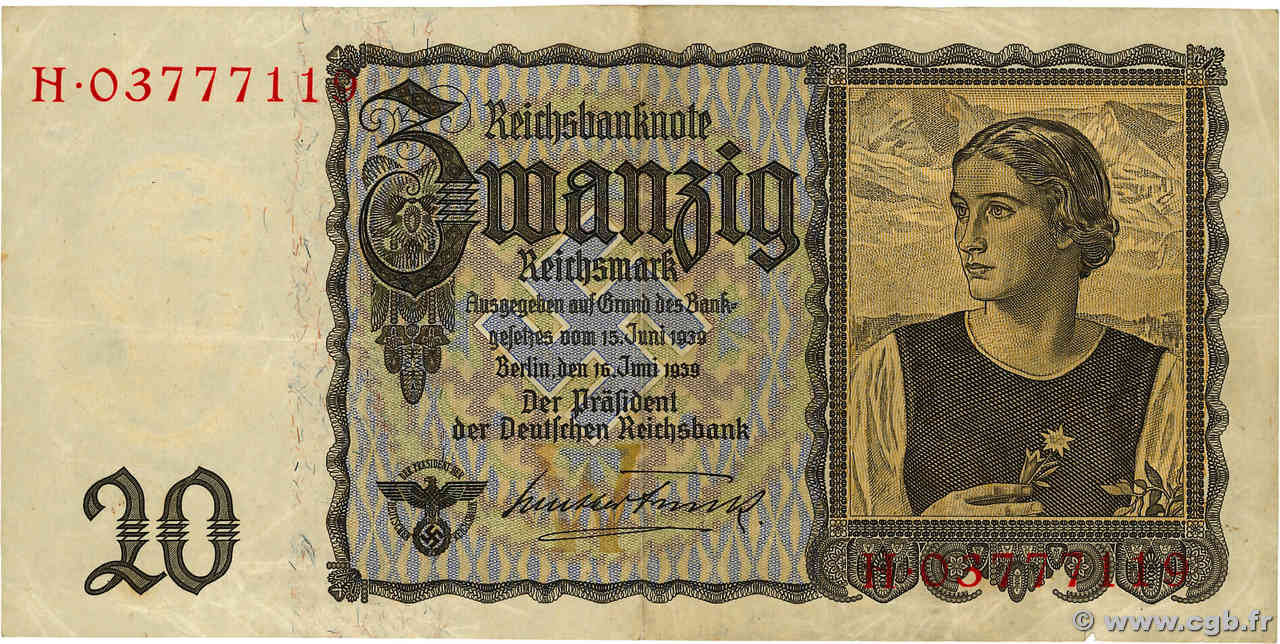 20 Reichsmark GERMANY  1939 P.185 VF-