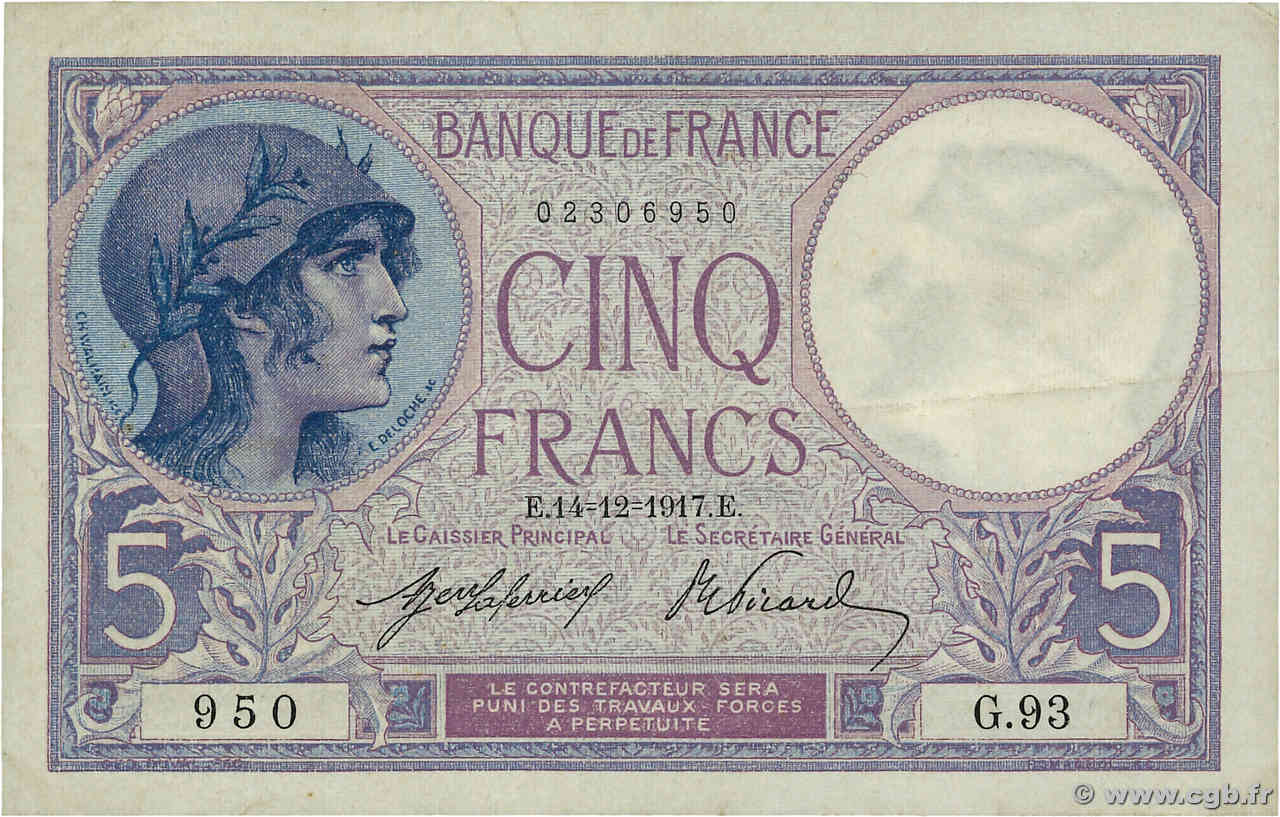 5 Francs FEMME CASQUÉE FRANKREICH  1917 F.03.01 fVZ