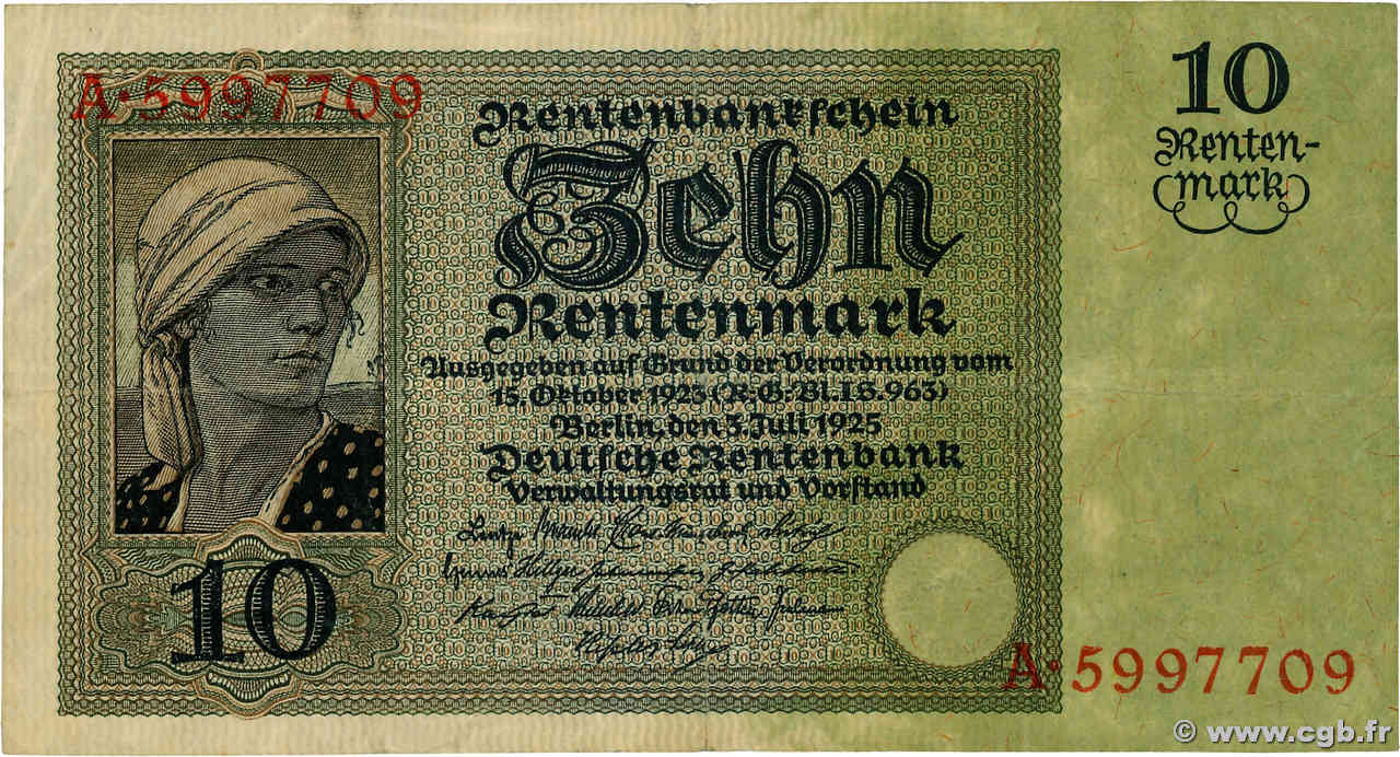 10 Rentenmark ALLEMAGNE  1925 P.170 TB+