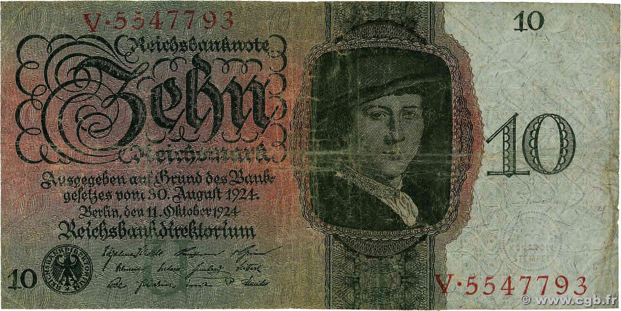 10 Reichsmark ALEMANIA  1924 P.175 RC+