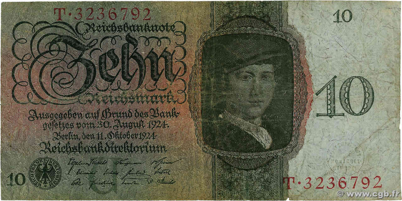 10 Reichsmark ALEMANIA  1924 P.175 RC+