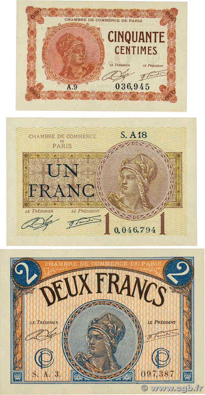 50 Centimes à 2 Francs Lot FRANCE régionalisme et divers Paris 1920 JP.097.10, JP.097.23 et JP.097.28 SUP