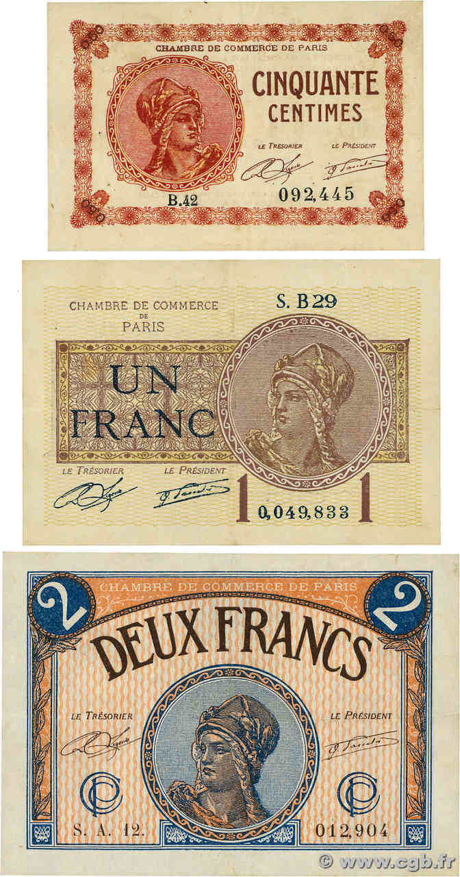 50 Centimes à 2 Francs Lot FRANCE regionalism and miscellaneous Paris 1920 JP.097.10, JP.097.23 et JP.097.28 UNC-