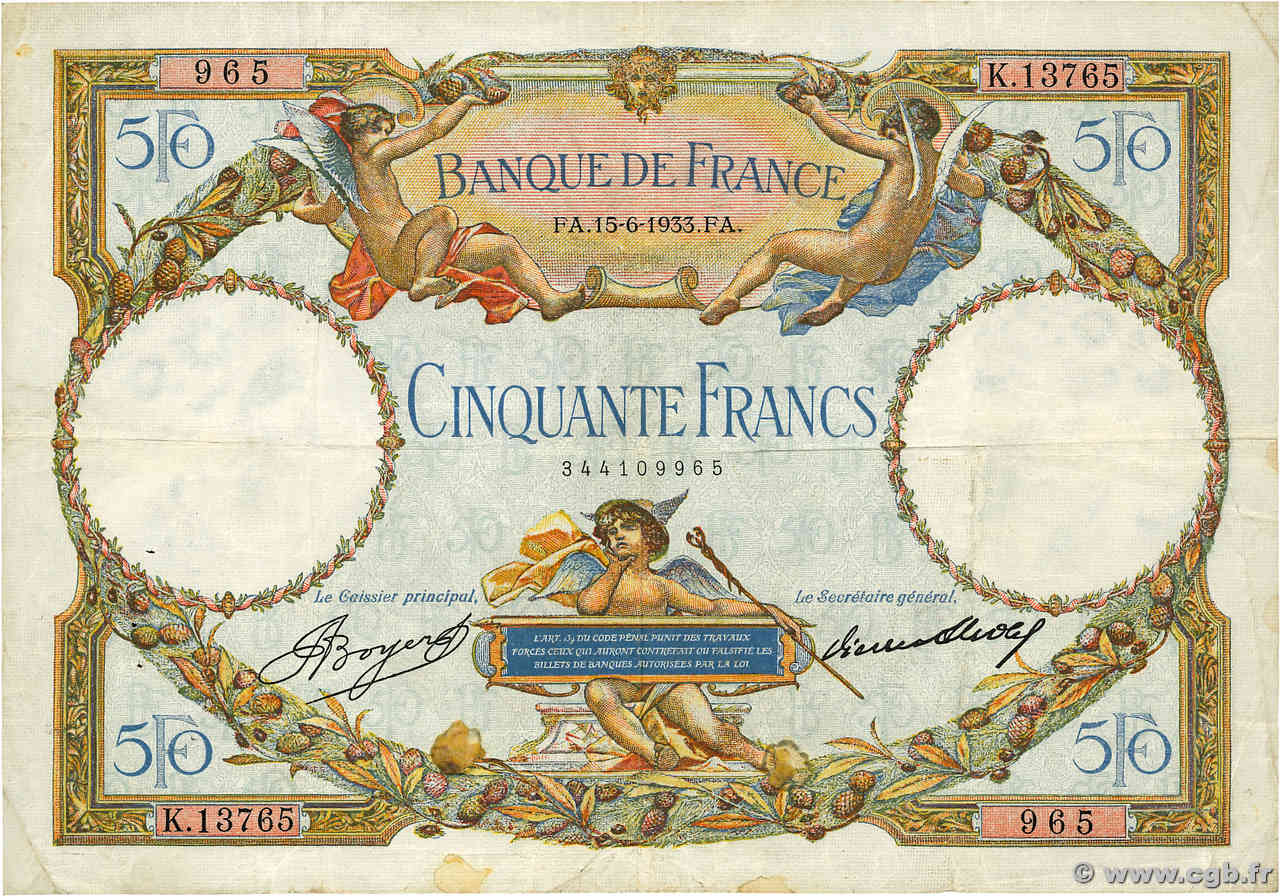 50 Francs LUC OLIVIER MERSON type modifié FRANKREICH  1933 F.16.04 S