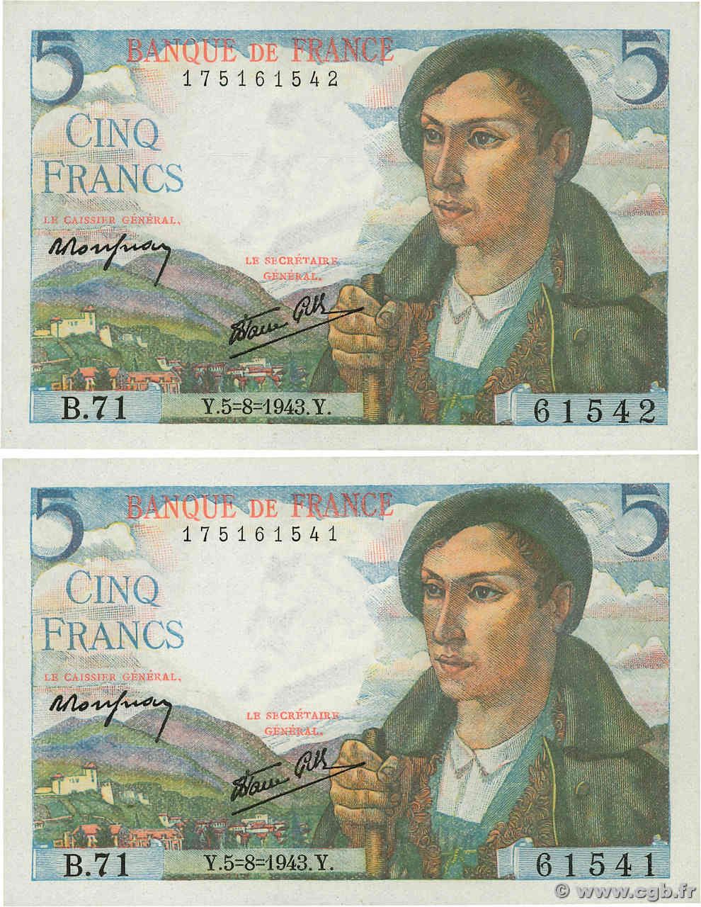 5 Francs BERGER Consécutifs FRANKREICH  1943 F.05.03 ST