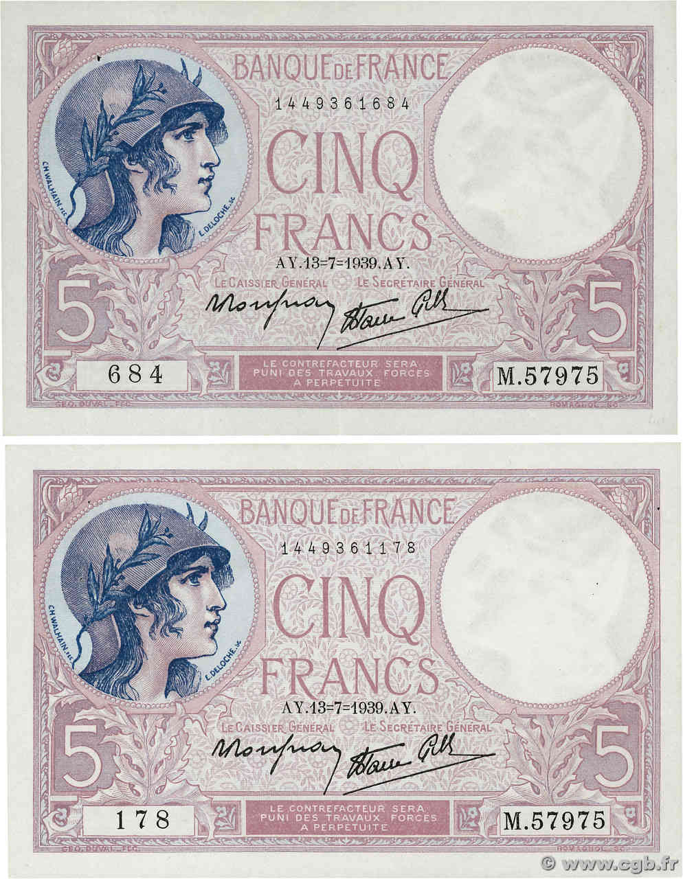 5 Francs FEMME CASQUÉE modifié Lot FRANCIA  1939 F.04.01 EBC