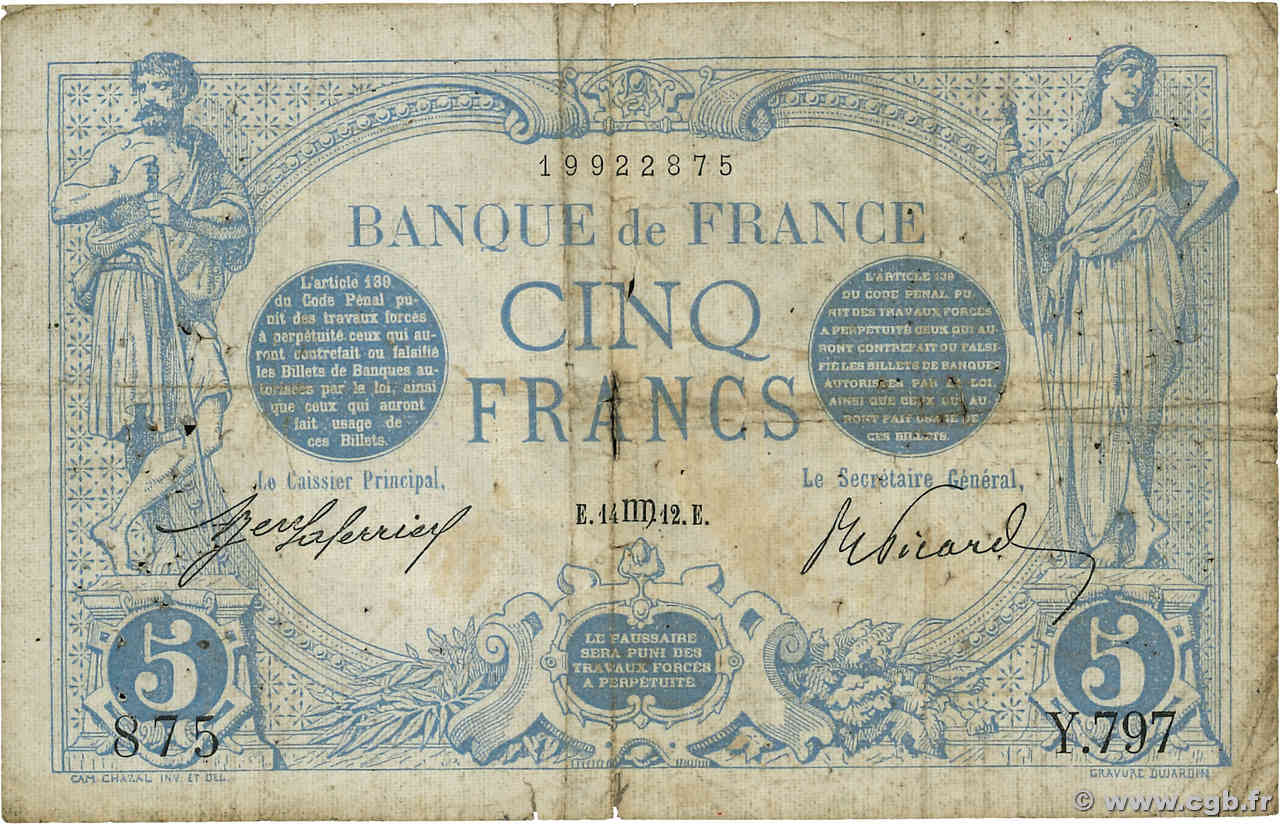 5 Francs BLEU FRANCIA  1912 F.02.08 RC