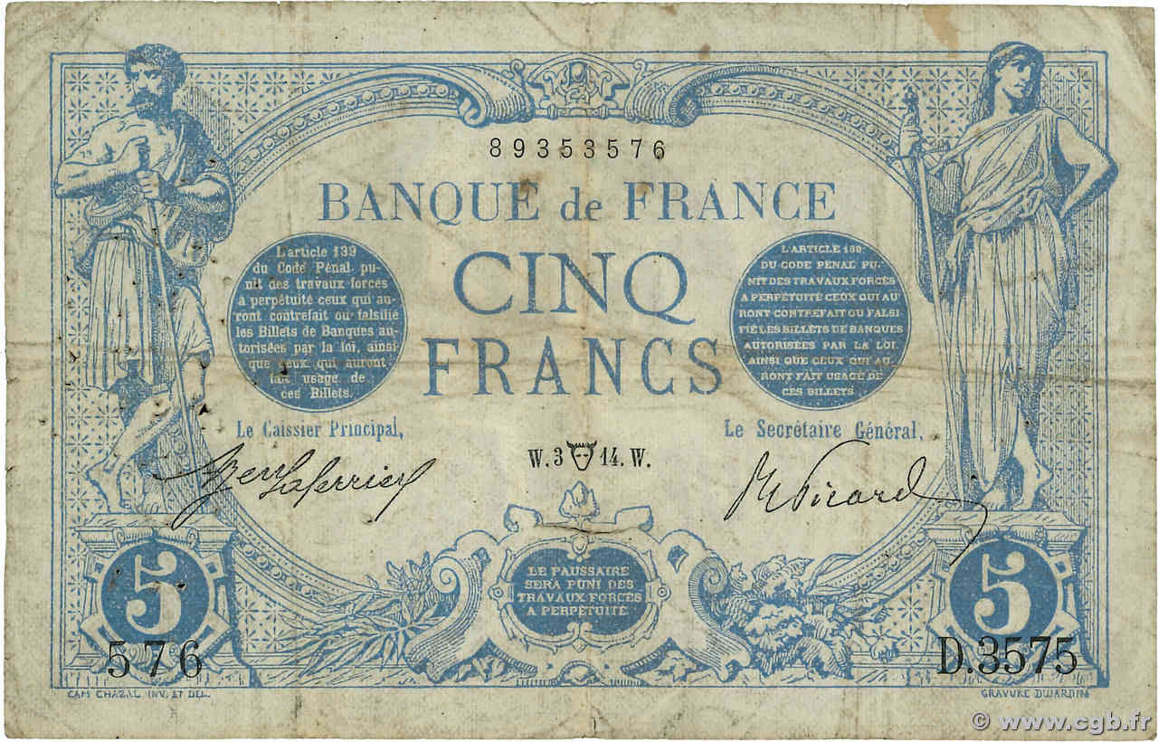 5 Francs BLEU FRANCIA  1914 F.02.22 BC