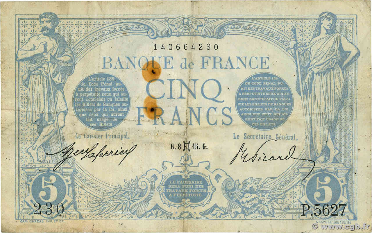 5 Francs BLEU FRANKREICH  1915 F.02.27 S