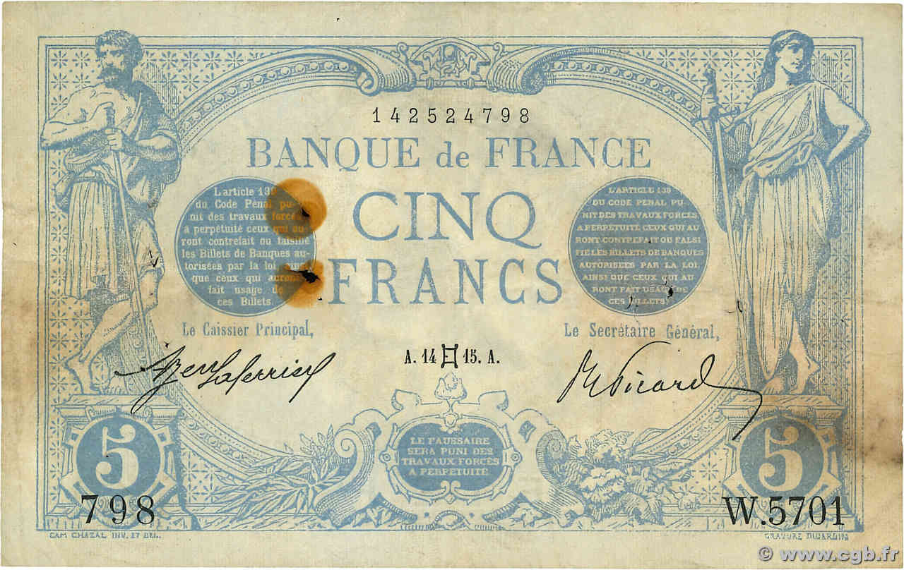 5 Francs BLEU FRANKREICH  1915 F.02.27 S