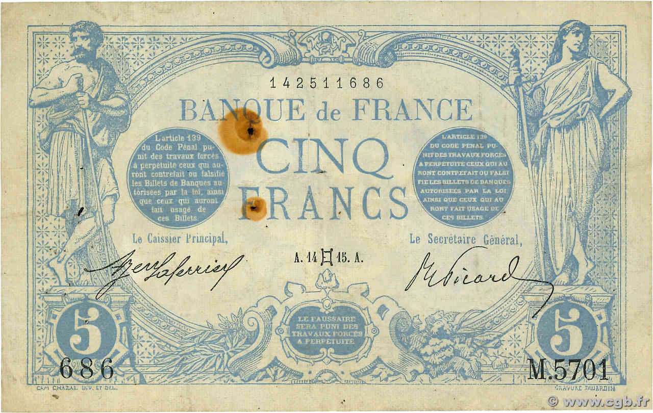 5 Francs BLEU FRANCIA  1915 F.02.27 MB