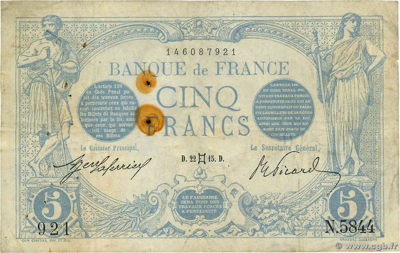 5 Francs BLEU FRANCIA  1915 F.02.27 MB