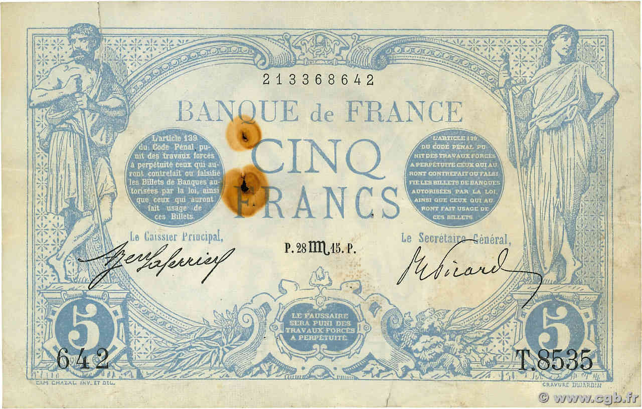 5 Francs BLEU FRANCE  1915 F.02.32 F+