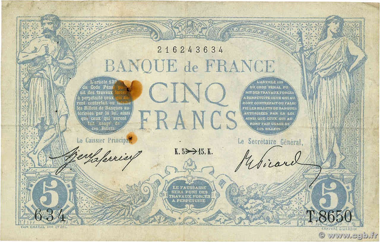 5 Francs BLEU FRANCIA  1915 F.02.33 MB