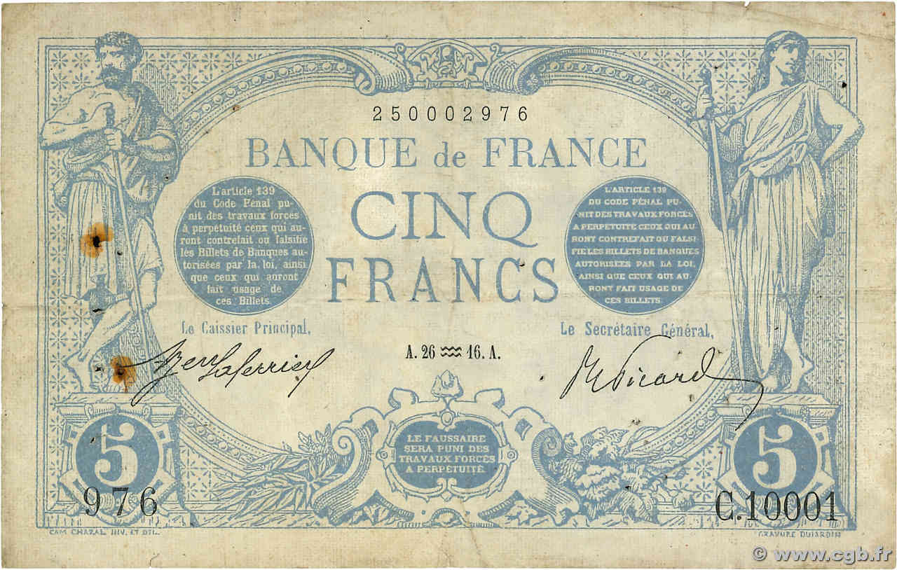 5 Francs BLEU Numéro radar FRANCIA  1916 F.02.35 MB