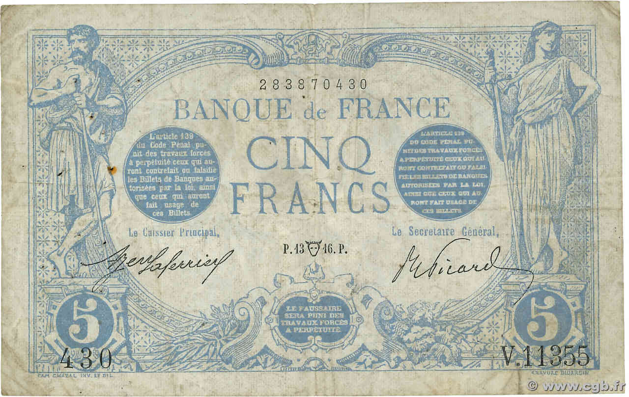 5 Francs BLEU FRANKREICH  1916 F.02.38 S